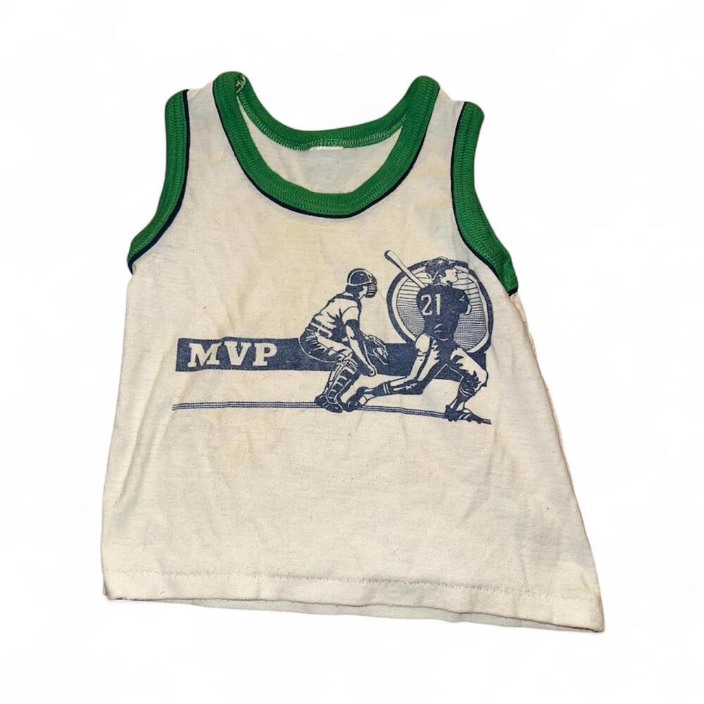 Vintage MVP Baseball Ringer Tank Top Kids Cream Green Sleeveless Shirt Graphic